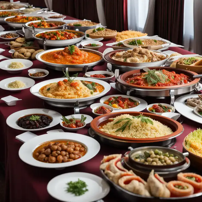 Visual representation of "spread" - A variety of food displayed for people to serve themselves