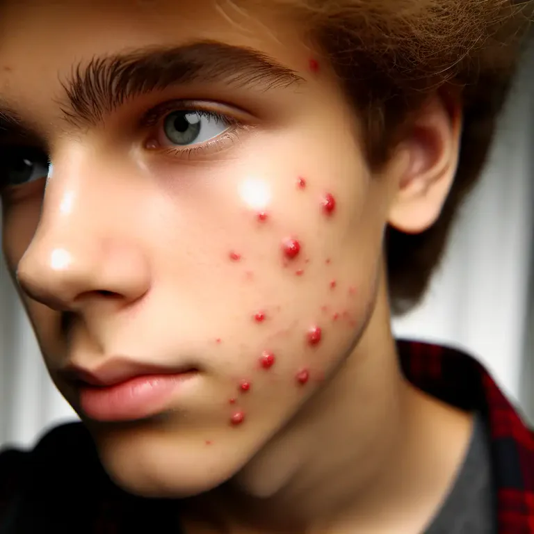 Visual representation of "pimply" - Having or covered with many pimples.