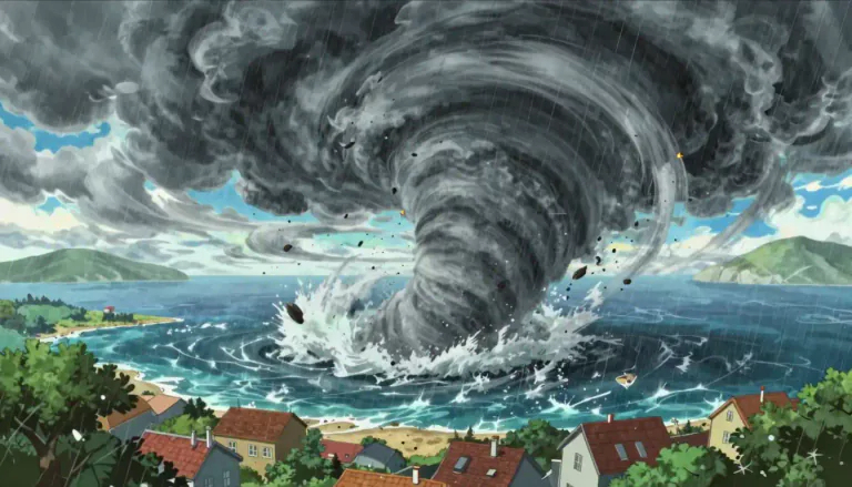 Visual representation of "cyclone" - A large, powerful, and destructive storm with very high wind that rotates around an area of low atmospheric pressure.