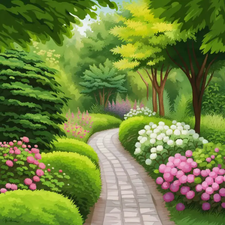 Visual representation of "aisle" - A passageway between landscaping features such as trees, grass, or shrubs in a garden or park.