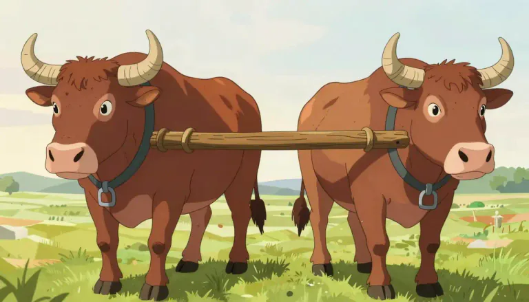 Visual representation of "yoke" - A bar or frame that is attached to the heads or necks of two work animals, like oxen, so that they can pull a plow or heavy load together.