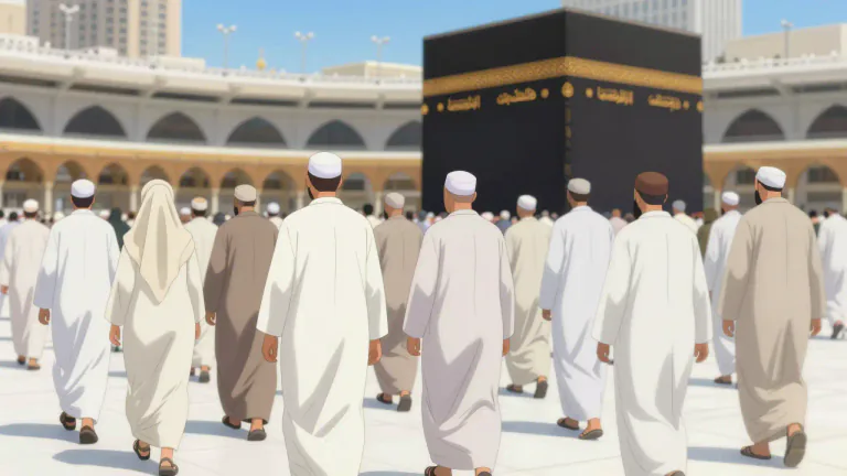 Visual representation of "hajj" - It is a Muslim pilgrimage or journey to the city of Mecca in Saudi Arabia.