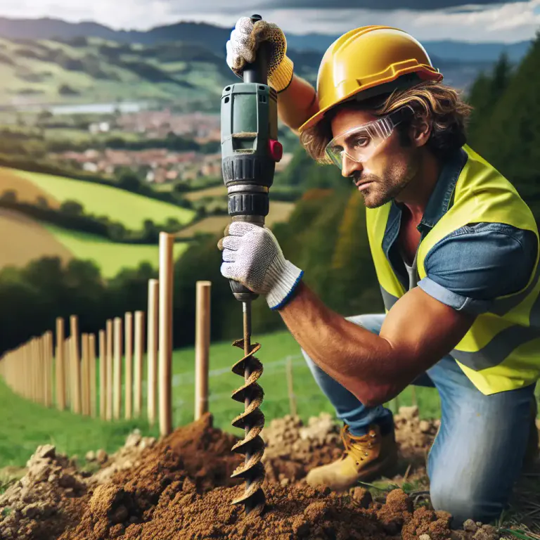 Visual representation of "auger" - A machine, like a large screw, that is used for digging holes in the ground, especially for putting up fences or posts.