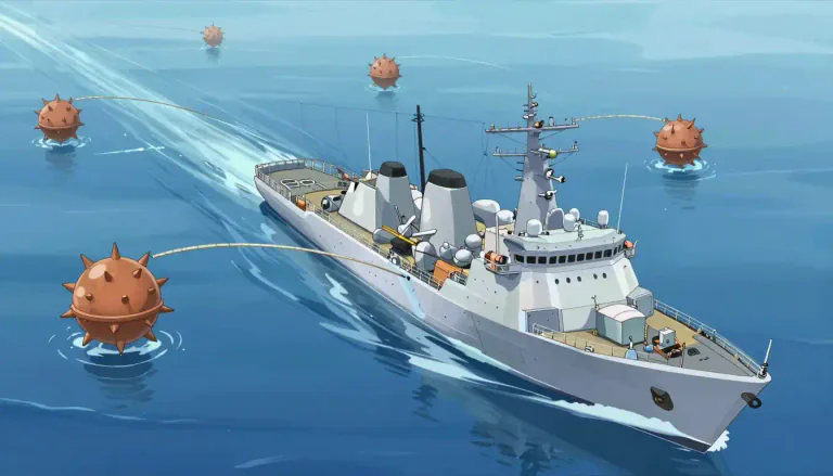Visual representation of "minesweeper" - A vessel or equipment specifically designed to locate and eliminate mines in water, ensuring safe passage for other ships.