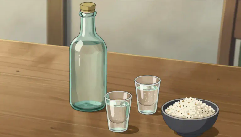 Visual representation of "soju" - Soju is a clear, distilled Korean alcoholic drink made from grains or starch.