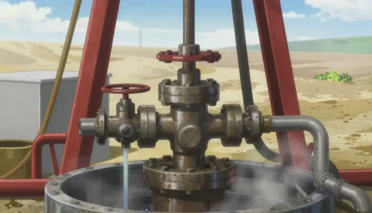 Visual representation of "wellhead" - The upper part of a drilling well, where liquids and gases are brought to the surface.