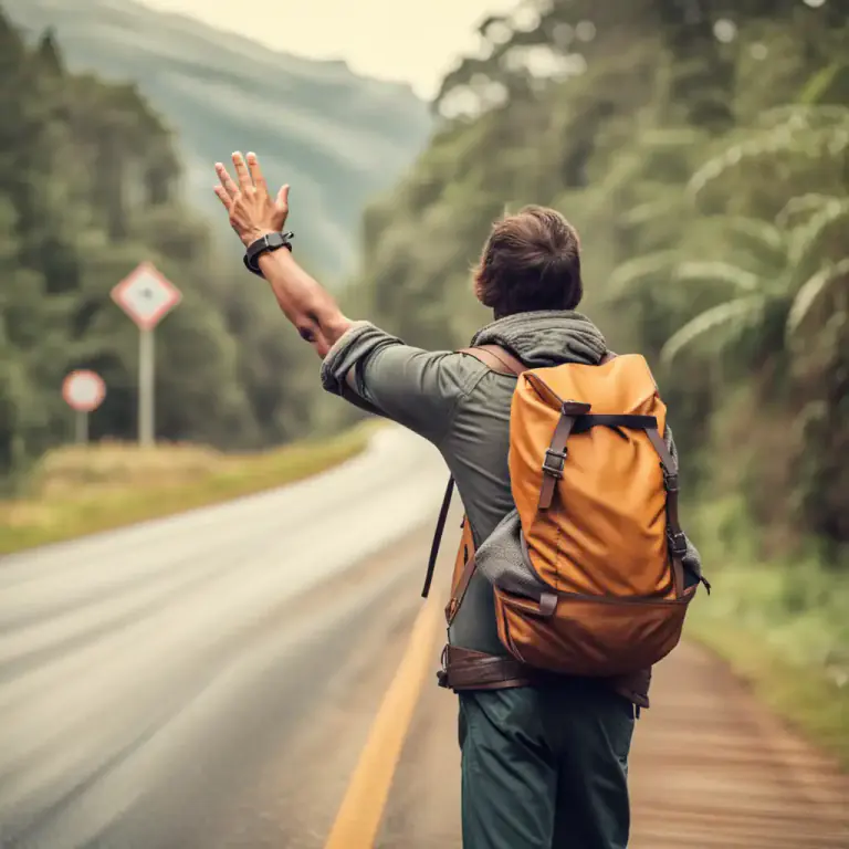 Visual representation of "hitch" - To travel by getting free rides from passing vehicles