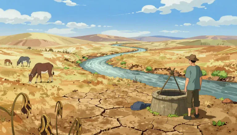 Visual representation of "drought" - A long time without rain, causing problems for people, plants and animals