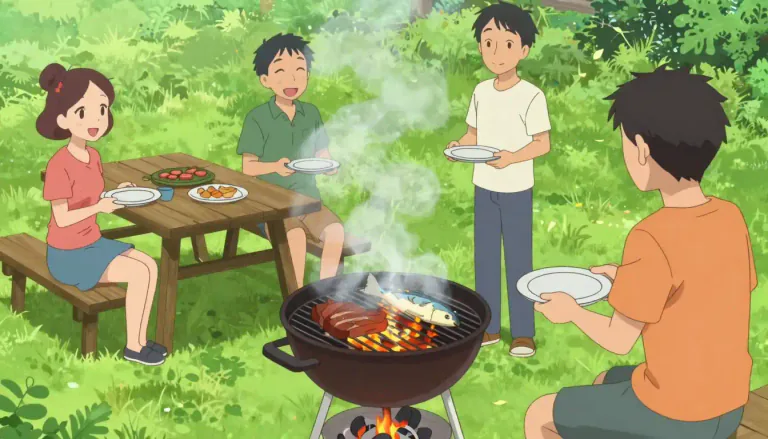 Visual representation of "barbecue" - A meal or gathering at which meat, fish, or other food is cooked out of doors on a rack