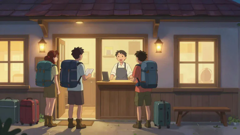 Visual representation of "lodge" - To stay in a place temporarily, like in a hotel or guest house