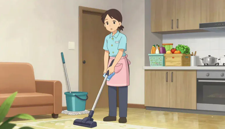 Visual representation of "housekeeper" - A person who manages a home as a job including cleaning and shopping.