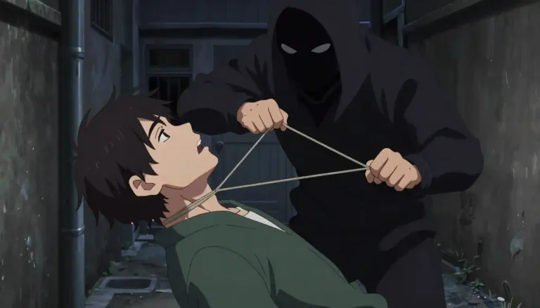 Visual representation of "garotte" - A method of execution or murder whereby the victim is strangled using a cord or wire.