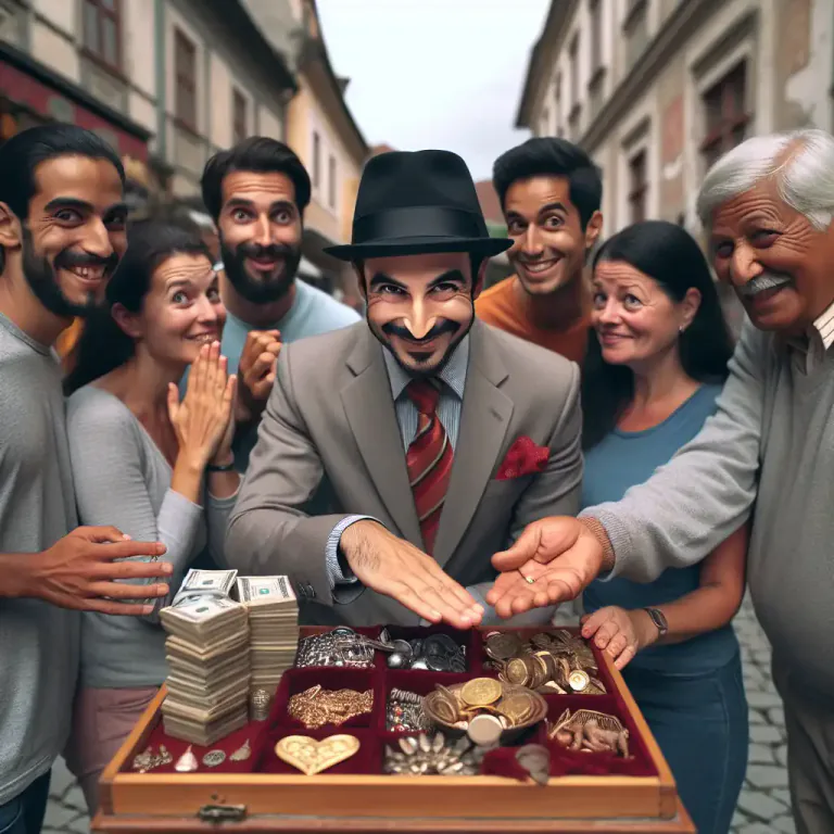 Visual representation of "mountebank" - A person who deceives others, especially in order to trick them out of their money or sell something