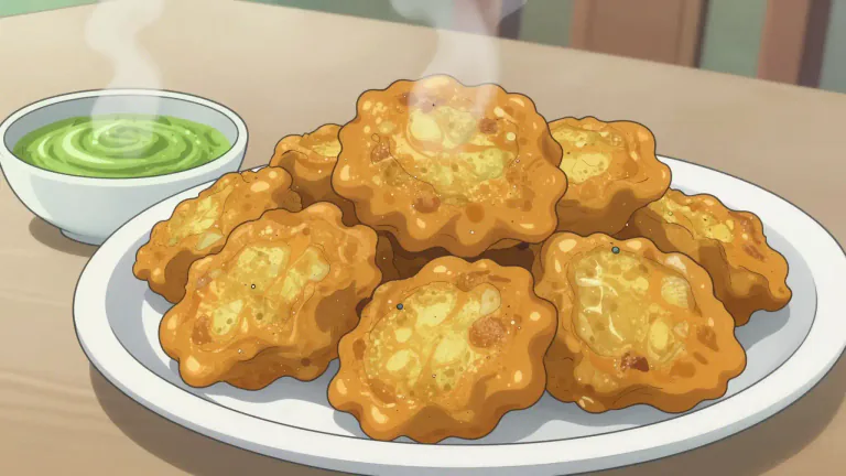 Visual representation of "bhaji" - A type of Indian fritter made from vegetables coated in a spicy batter, deep-fried until crispy.
