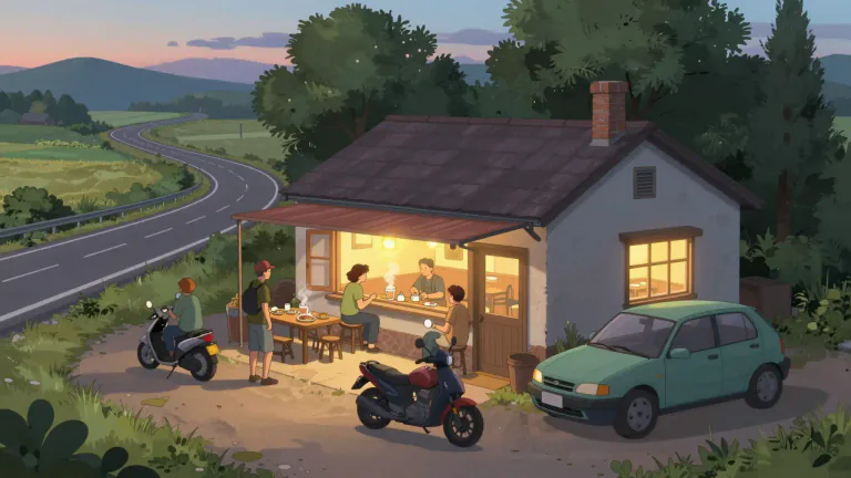 Visual representation of "roadhouse" - A roadhouse is an establishment, typically situated alongside a road, that serves food and drinks to travelers.