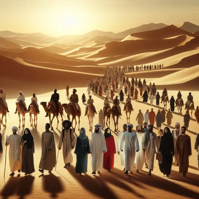 Visual representation of "hegira" - The migration or journey of the Islamic prophet Muhammad and his followers from Mecca to Medina in CE 622