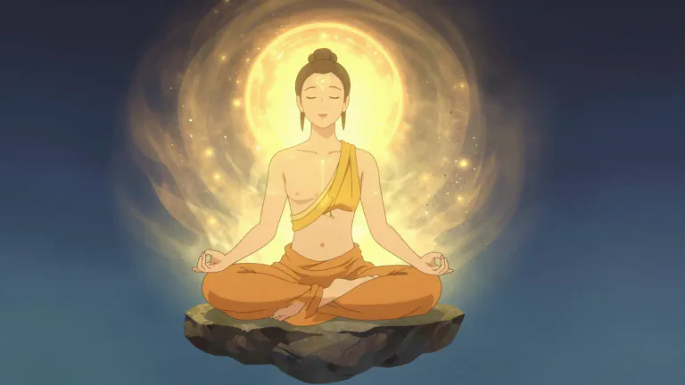 Visual representation of "samadhi" - A state of meditative consciousness in which an individual experiences union with the object of meditation, characterized by profound bliss and insight.