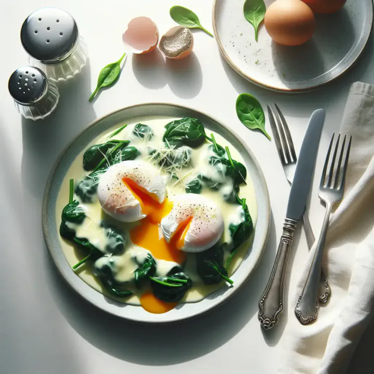 Visual representation of "florentine" - A style of cooking in which an ingredient, usually egg or spinach, is served on a bed of spinach and topped with cheese and a white sauce