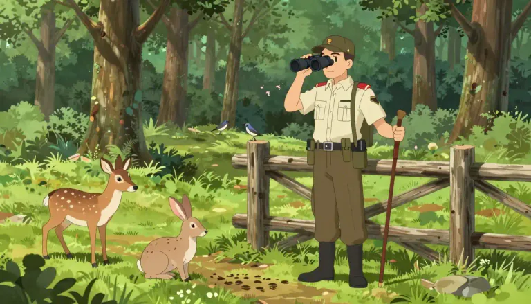 Visual representation of "gamekeeper" - A person who cares for and controls wildlife, especially in a designated area, often for hunting.