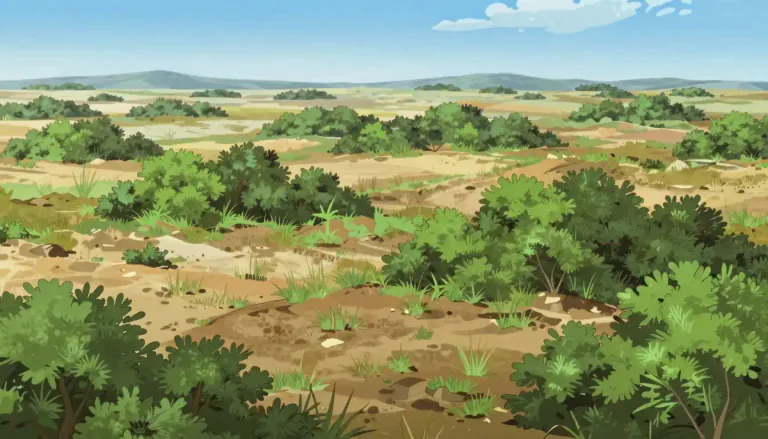 Visual representation of "scrubby" - Covered with small, low bushes or plants.