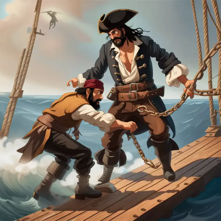 Visual representation of "walk the plank" - To be forced, often with the threat of violence, to walk off a plank extended over the side of a ship into the sea, resulting in drowning.