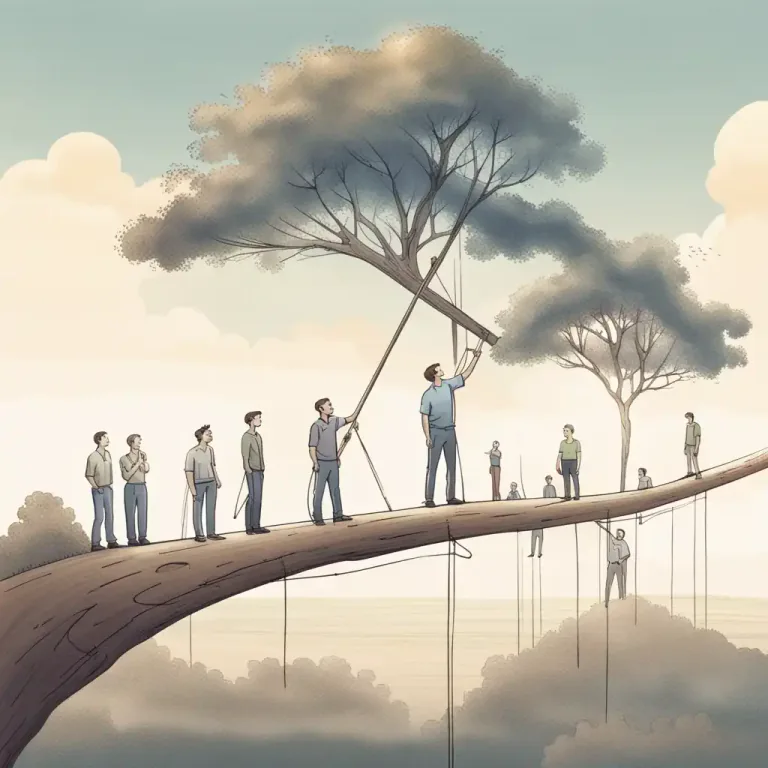 Visual representation of "out on a limb" - In a position where you are not supported by other people