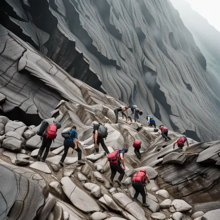Visual representation of "shaly" - Something related to, composed of, or resembling shale, a soft rock that splits into thin layers.