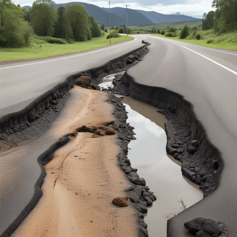 Visual representation of "washout" - A place where the surface of a road, an embankment, etc. has been swept away by moving water.