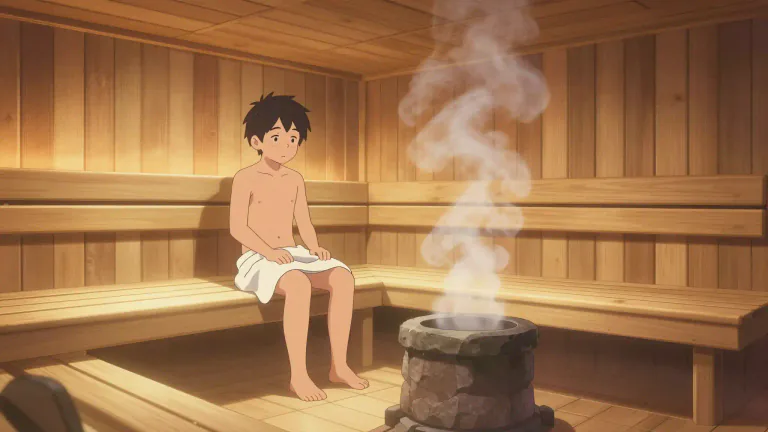 Visual representation of "sauna" - A room or a small building designed for you to sit in and be very hot. It is good for relaxing and cleaning your skin.