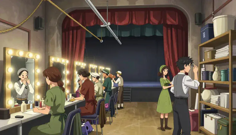 Visual representation of "backstage" - In or to the area behind the stage in a theatre where actors get ready and where props are kept.