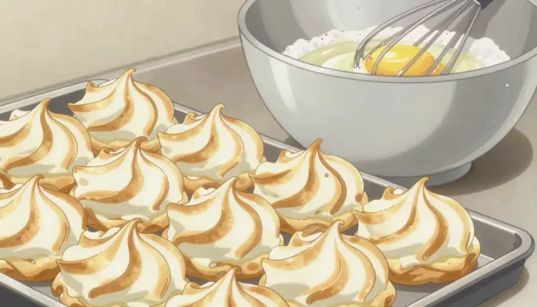 Visual representation of "meringue" - A type of dessert made from whipped egg whites and sugar, often baked until crispy.
