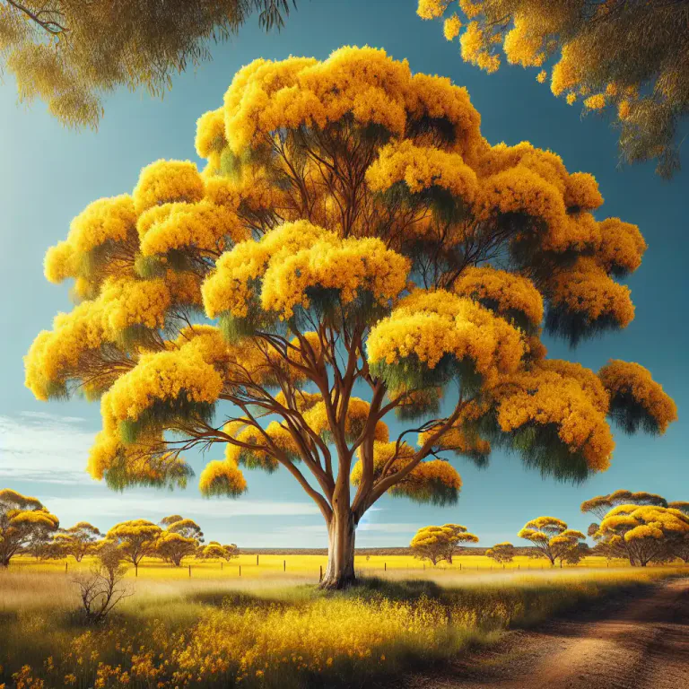 Visual representation of "wattle" - A tree native to Australia that has bright yellow flowers.