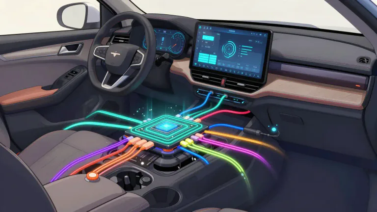 Visual representation of "chipset" - In automotive designs, a chipset manages communication between various vehicle systems, including engine control and infotainment.