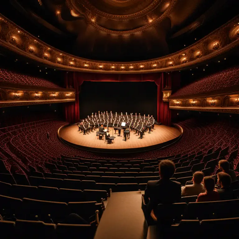 Visual representation of "orchestra" - The area in a theater or concert hall where the musicians sit and play.