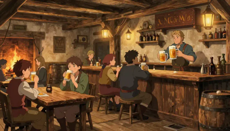 Visual representation of "alehouse" - A place where beer is sold and drunk, mainly in the past.