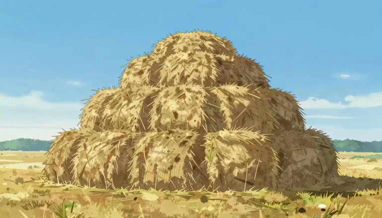 Visual representation of "rick" - A pile of hay, straw, or similar material stacked for storage in the open air.