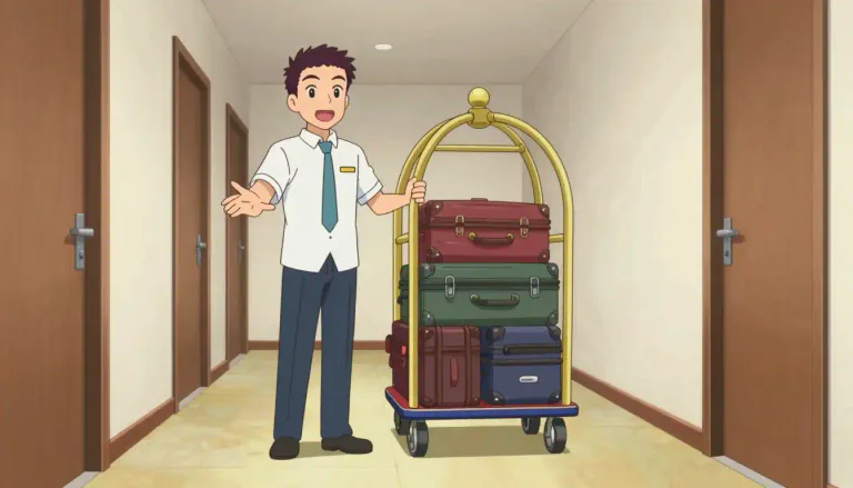 Visual representation of "bellboy" - A hotel employee whose job is to carry people's bags to their rooms and do other small tasks.