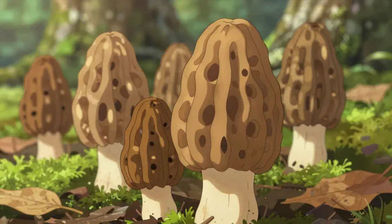 Visual representation of "morel" - A type of edible fungus that is cone-shaped and has a sponge-like appearance.