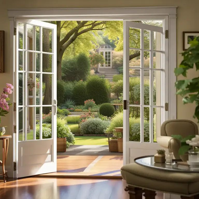 Visual representation of "give onto" - To face, open or lead into a room, place or area, usually providing a view or way to it.