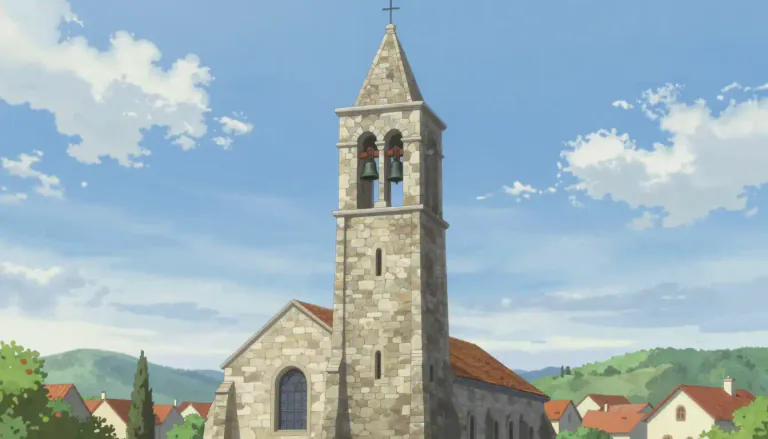 Visual representation of "campanile" - A tall tower attached to a church, which holds the church's bells.