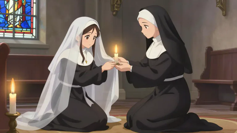 Visual representation of "take the veil" - To become a nun or join a religious community and accept a life of celibacy and religious devotion.