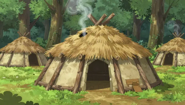 Visual representation of "wigwam" - A round dwelling used by certain Native American tribes, made of bark, rushes, or cloth covering a frame of poles.