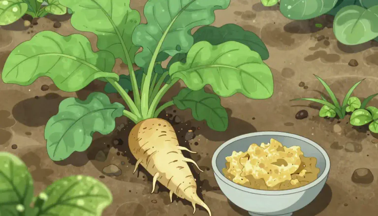 Visual representation of "horseradish" - A plant that is grown to produce a spicy condiment from its root.