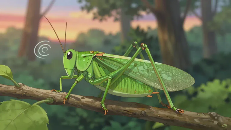 Visual representation of "katydid" - A katydid is a type of large green insect that is known for its characteristic sound, often heard in the evening during the warmer months.