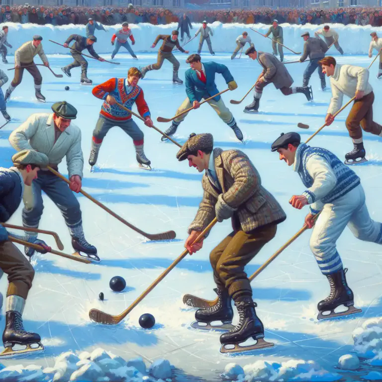 Visual representation of "bandy" - a game played on ice in which teams of skaters use curved clubs to try to drive a ball into the opponents goal