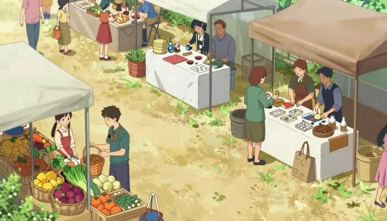 Visual representation of "market" - A place where people buy and sell goods and services