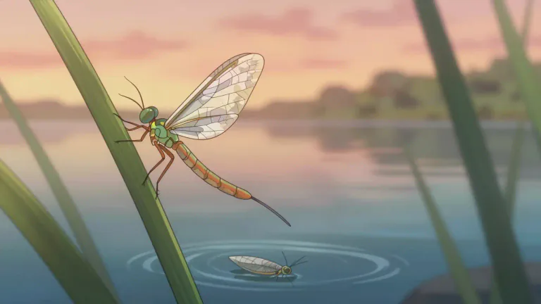 Visual representation of "mayfly" - A type of insect that lives mostly in water as a nymph and has a very short adult life, often lasting just one day.