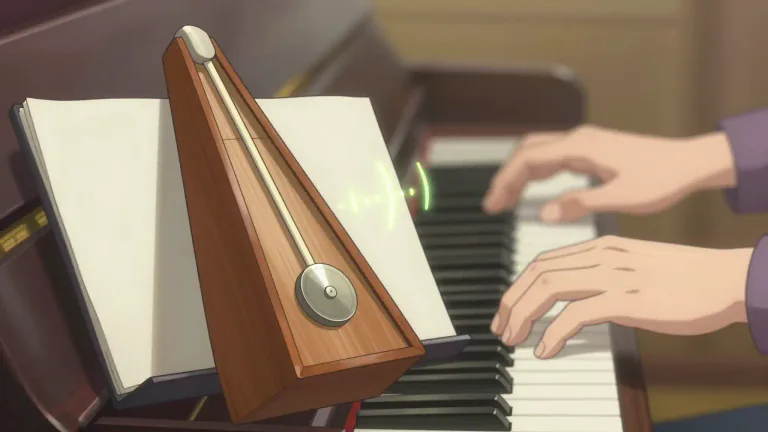 Visual representation of "metronome" - A device that makes regular ticking sounds to help a musician keep the correct speed or rhythm when playing a piece of music.