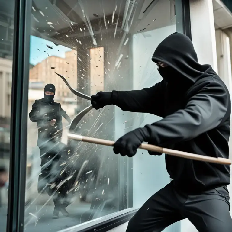 Visual representation of "smash in" - To break something forcefully, creating an opening