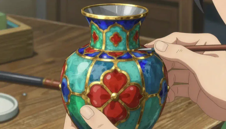 Visual representation of "cloisonne" - A decorative art form where colored enamel is applied over metal and separated by thin metal strips.
